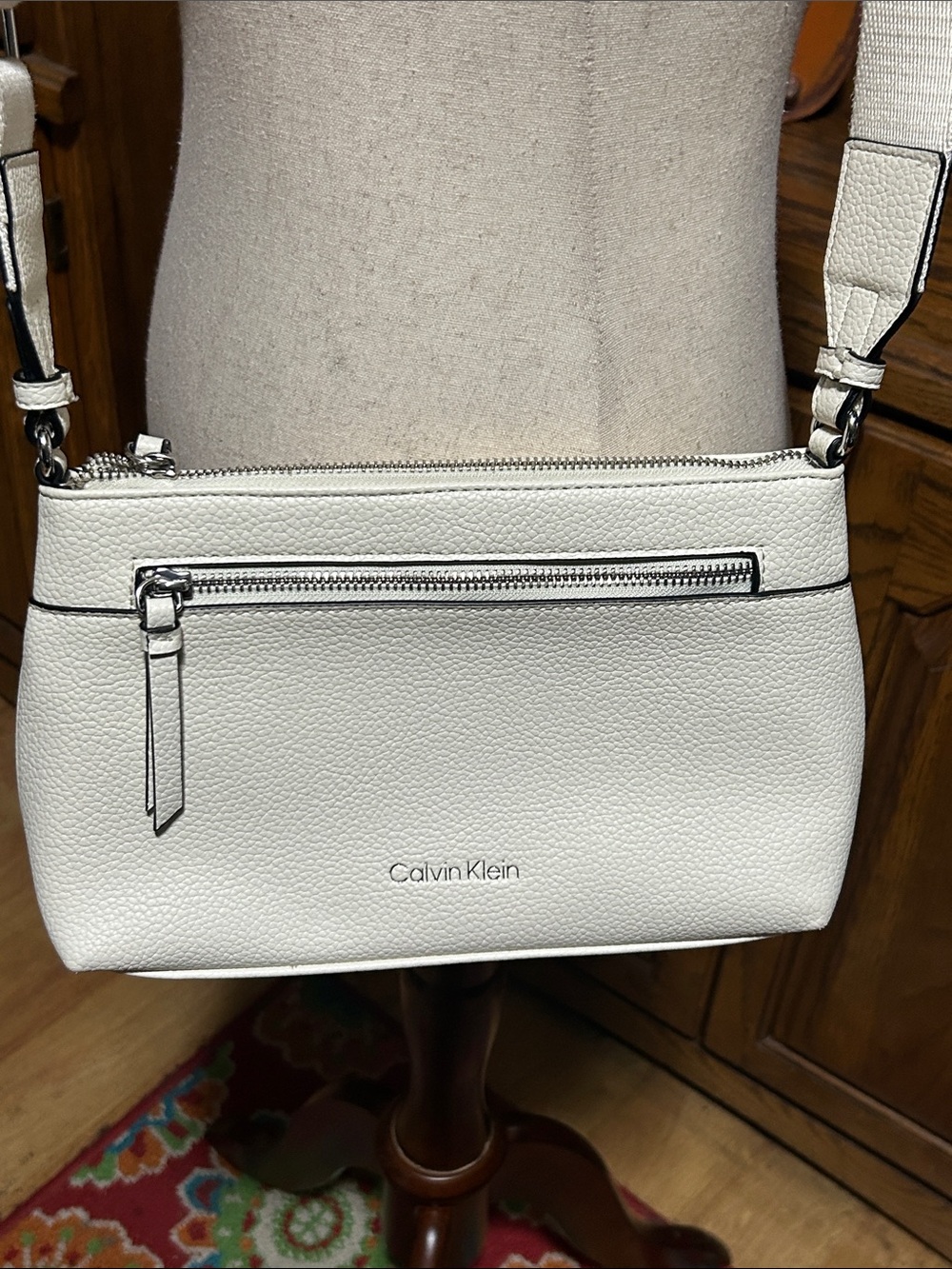 Calvin Klein White Pebbled Leather Crossbody with Front Zip